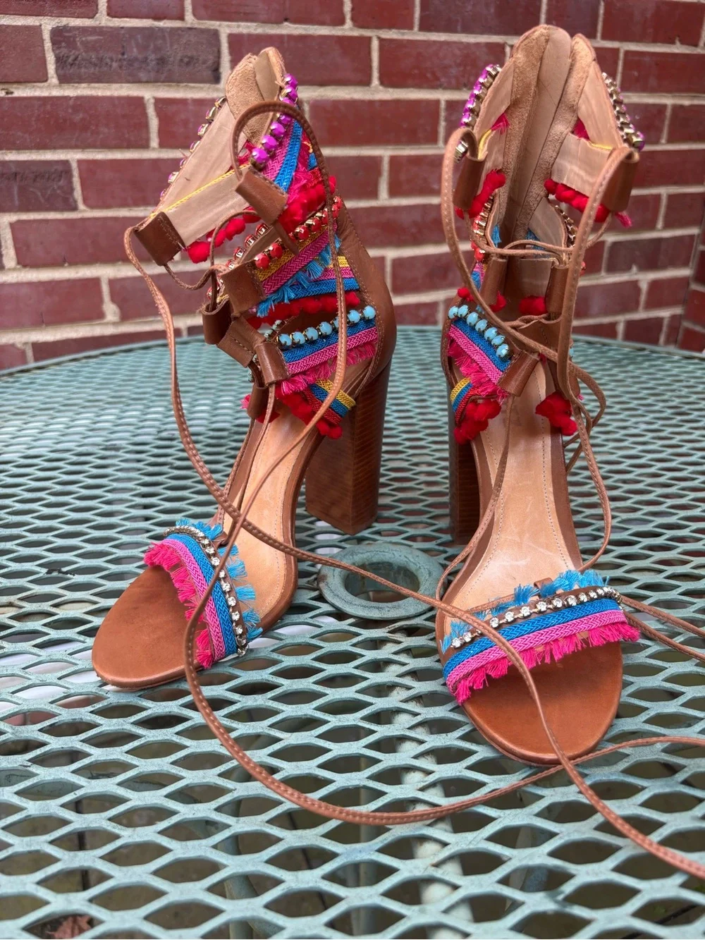 Schutz Calla Block Heeled Leather Sandals Lace-Up Multi-Color women 8.5